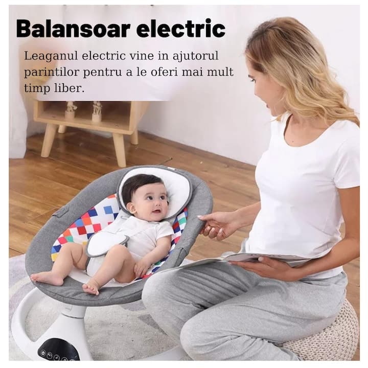 Leagan Electric, WowStep®, Acoperis Rabatabil si Plasa Protectie Tantari pentru Bebelusi, Conexiune Bluetooth, Telecomanda, Jucarii si Melodii — imaginea 2