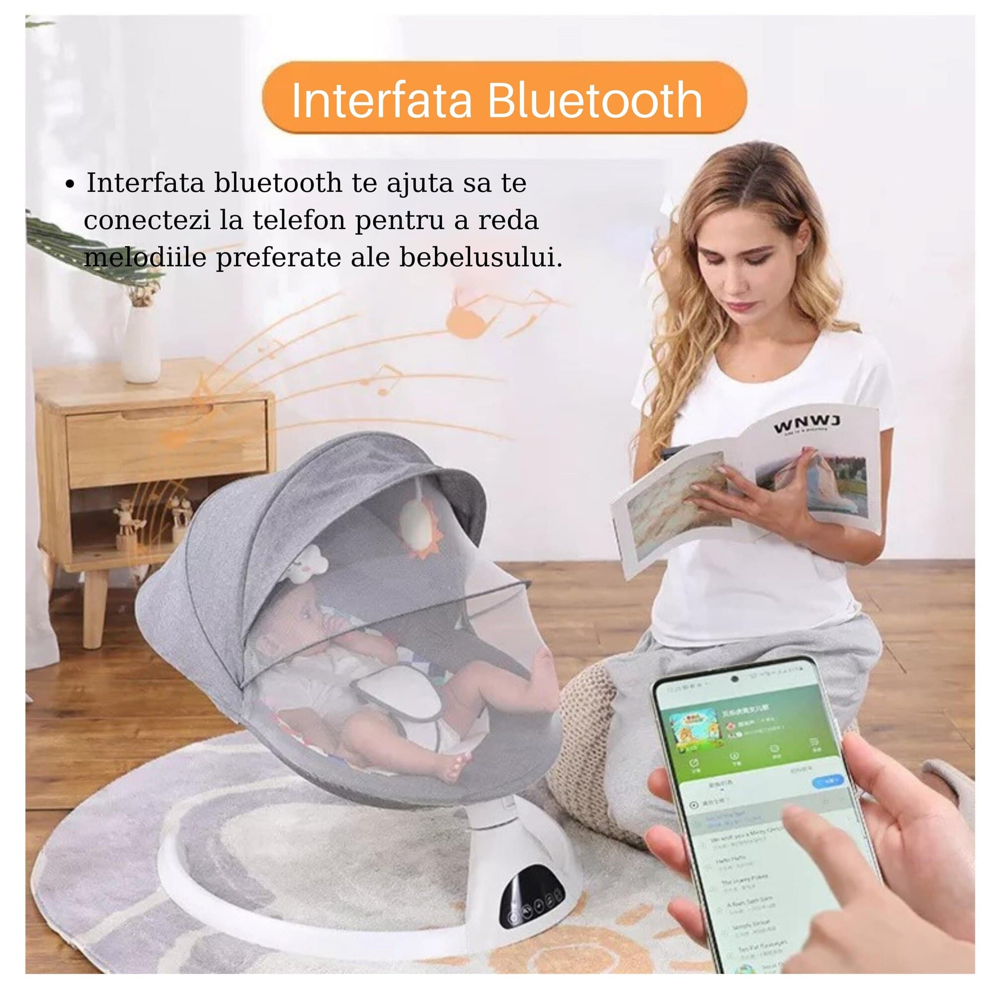 Leagan Electric, WowStep®, Acoperis Rabatabil si Plasa Protectie Tantari pentru Bebelusi, Conexiune Bluetooth, Telecomanda, Jucarii si Melodii — imaginea 4