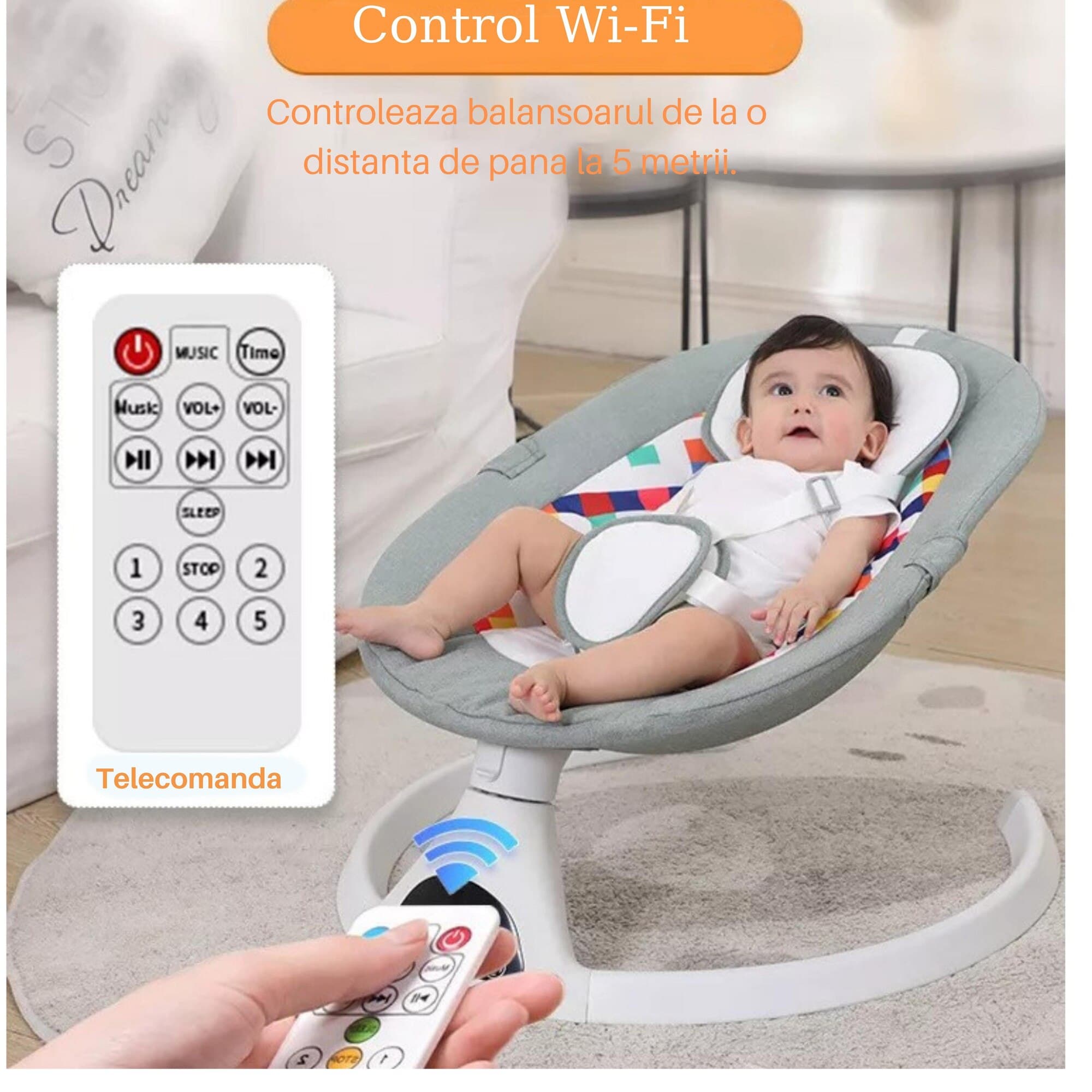 Leagan Electric, WowStep®, Acoperis Rabatabil si Plasa Protectie Tantari pentru Bebelusi, Conexiune Bluetooth, Telecomanda, Jucarii si Melodii — imaginea 5