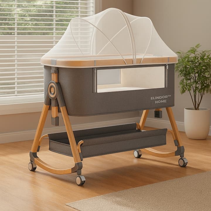 Patut Pliabil Bebelusi Elindo® 3 in 1, pentru Copii 0-36 luni, Leagan Bebe pe 2 Etaje, 6 Trepte de Inaltime Reglabila, Portabil, Plasa Laterala, Roti cu Sistem Blocare, Saltea Integrata, Greutate Maxima 15 kg, Gri — imaginea 2