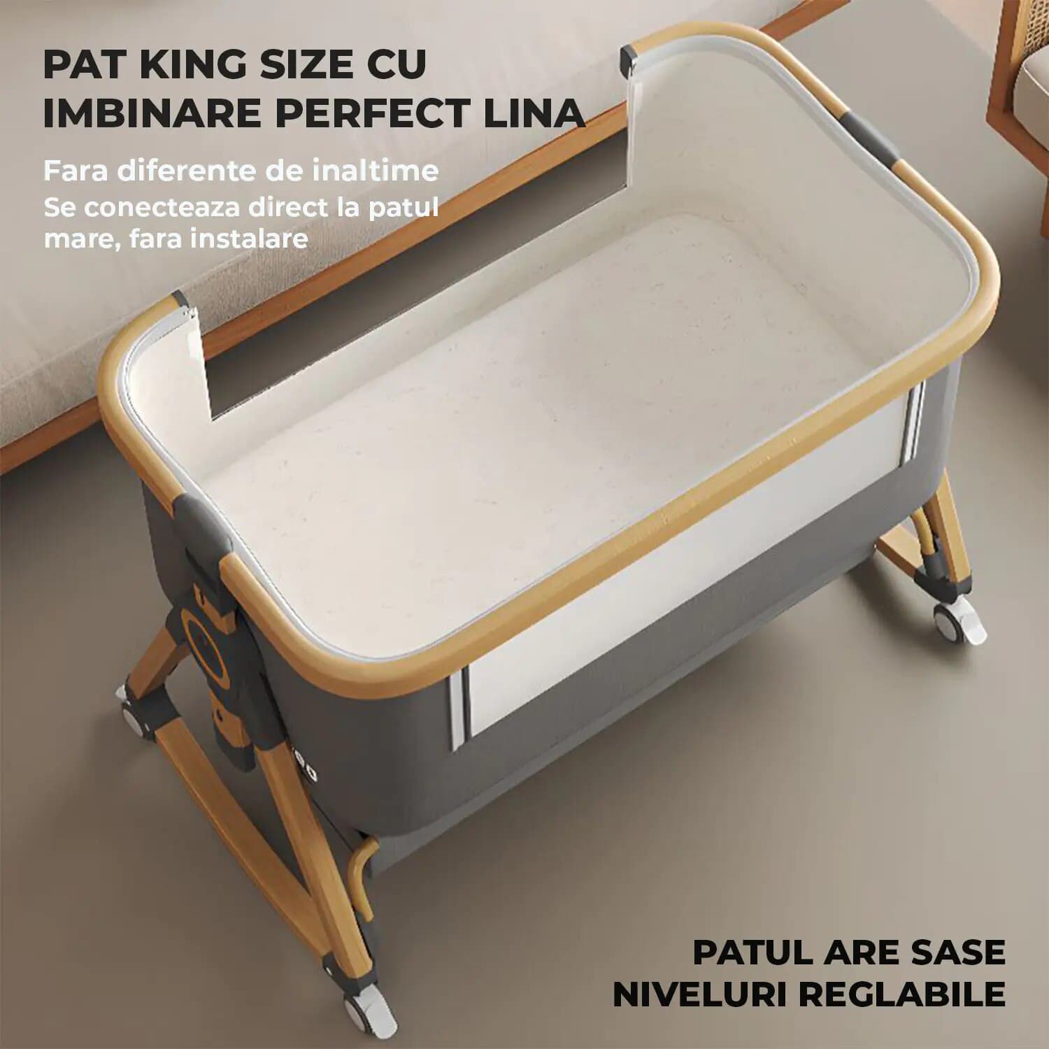 Patut Pliabil Bebelusi Elindo® 3 in 1, pentru Copii 0-36 luni, Leagan Bebe pe 2 Etaje, 6 Trepte de Inaltime Reglabila, Portabil, Plasa Laterala, Roti cu Sistem Blocare, Saltea Integrata, Greutate Maxima 15 kg, Gri — imaginea 3