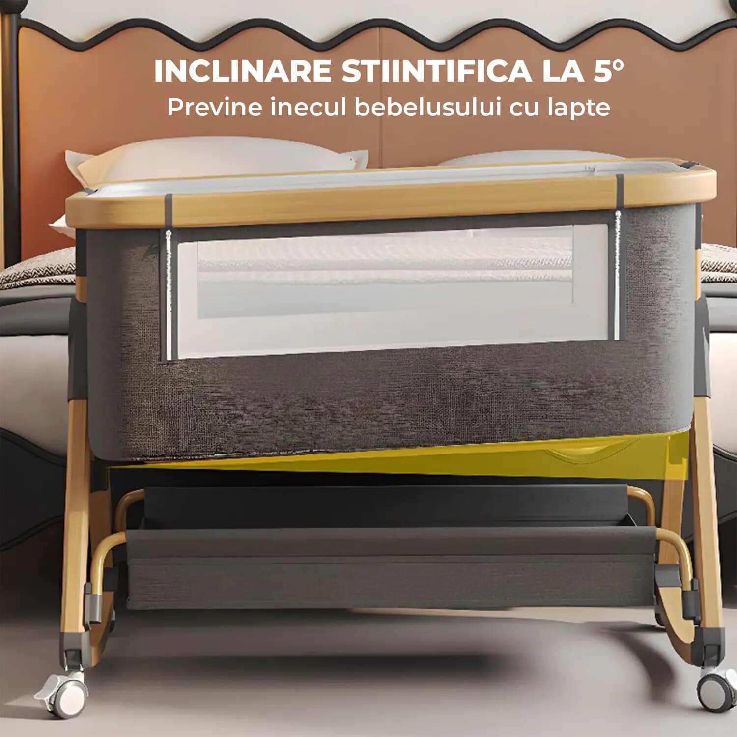 Patut Pliabil Bebelusi Elindo® 3 in 1, pentru Copii 0-36 luni, Leagan Bebe pe 2 Etaje, 6 Trepte de Inaltime Reglabila, Portabil, Plasa Laterala, Roti cu Sistem Blocare, Saltea Integrata, Greutate Maxima 15 kg, Gri — imaginea 4