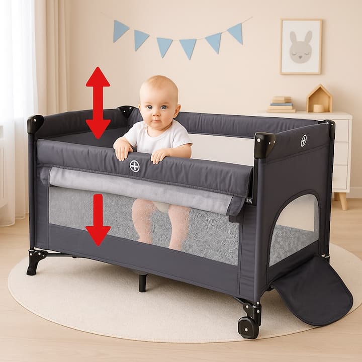 Patut Turistic Pliabil idealSTORE, Constructie Metalica Solida, 2 Fete de Plasa, 2 Etaje, Protectie dubla impotriva plierii, Include Geanta de transport, Roti pentru deplasare rapida, Saltea Moale si Pliabila — imaginea 2