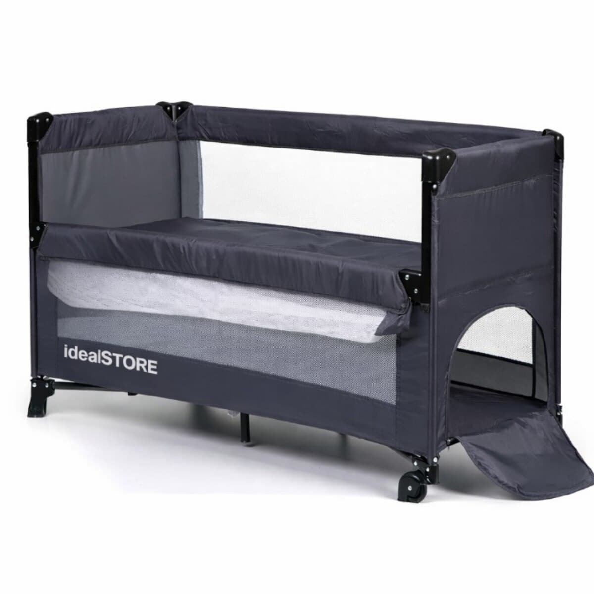 Patut Turistic Pliabil idealSTORE, Constructie Metalica Solida, 2 Fete de Plasa, 2 Etaje, Protectie dubla impotriva plierii, Include Geanta de transport, Roti pentru deplasare rapida, Saltea Moale si Pliabila — imaginea 4