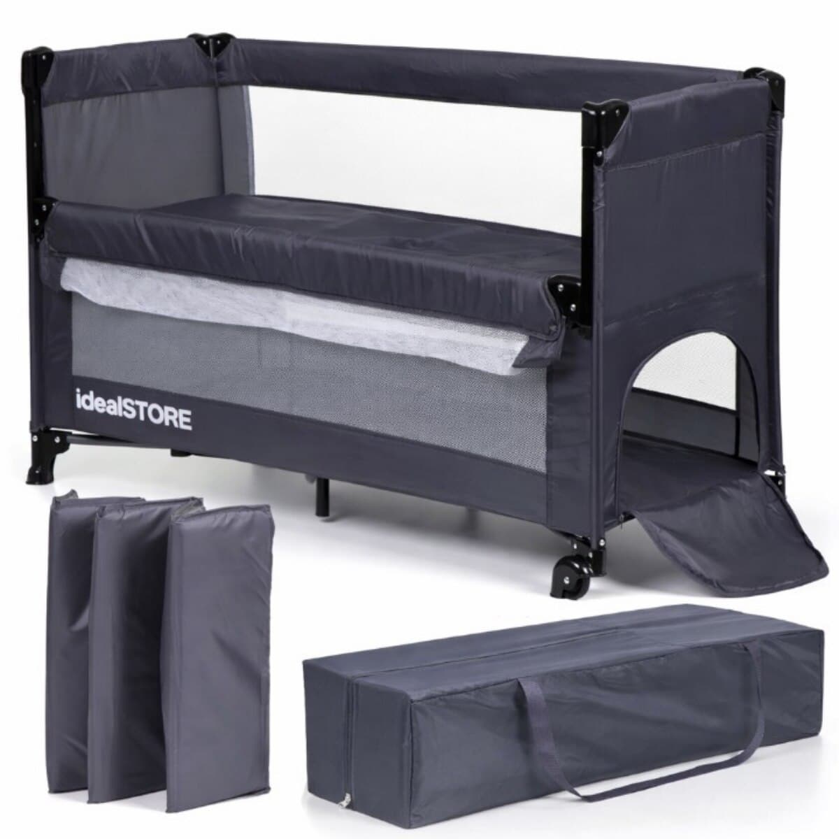 Patut Turistic Pliabil idealSTORE, Constructie Metalica Solida, 2 Fete de Plasa, 2 Etaje, Protectie dubla impotriva plierii, Include Geanta de transport, Roti pentru deplasare rapida, Saltea Moale si Pliabila — imaginea 5