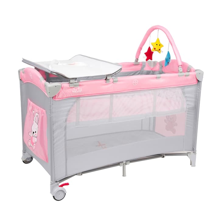 Patut pliant voiaj pentru bebelusi si copii Juju Sleepy Baby, 2 nivele, portabil, 125x65 cm, etaj intermediar nou-nascuti, bara cu jucarii, masa de infasat, salteluta, buzunar lateral, geanta transport, Hunny Bunny, Roz/Gri