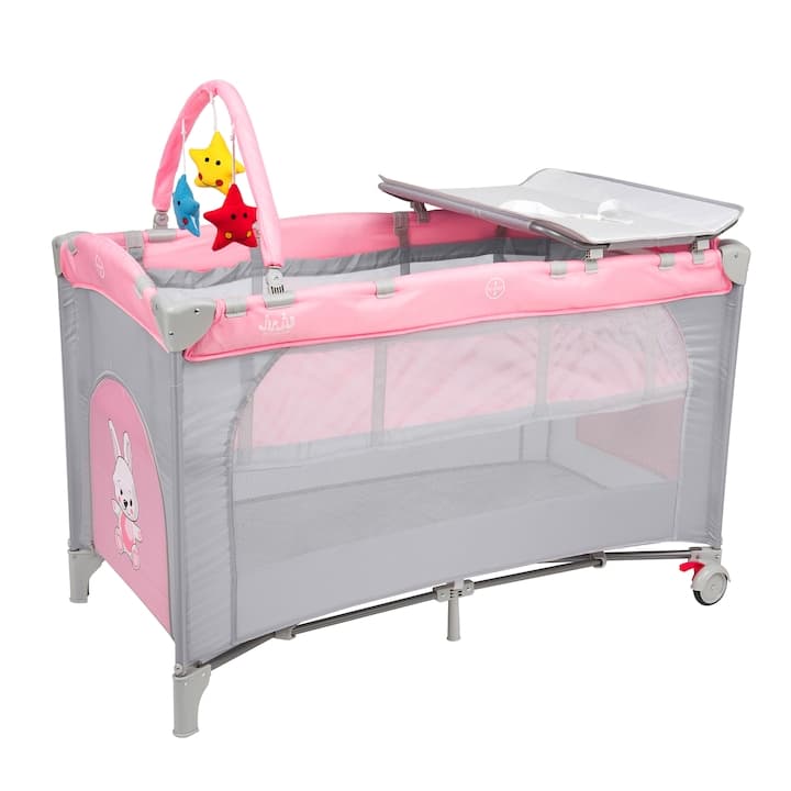 Patut pliant voiaj pentru bebelusi si copii Juju Sleepy Baby, 2 nivele, portabil, 125x65 cm, etaj intermediar nou-nascuti, bara cu jucarii, masa de infasat, salteluta, buzunar lateral, geanta transport, Hunny Bunny, Roz/Gri — imaginea 2