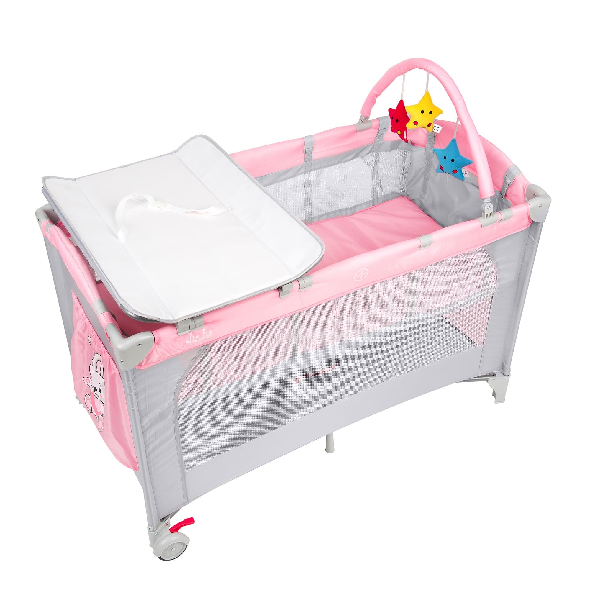 Patut pliant voiaj pentru bebelusi si copii Juju Sleepy Baby, 2 nivele, portabil, 125x65 cm, etaj intermediar nou-nascuti, bara cu jucarii, masa de infasat, salteluta, buzunar lateral, geanta transport, Hunny Bunny, Roz/Gri — imaginea 3