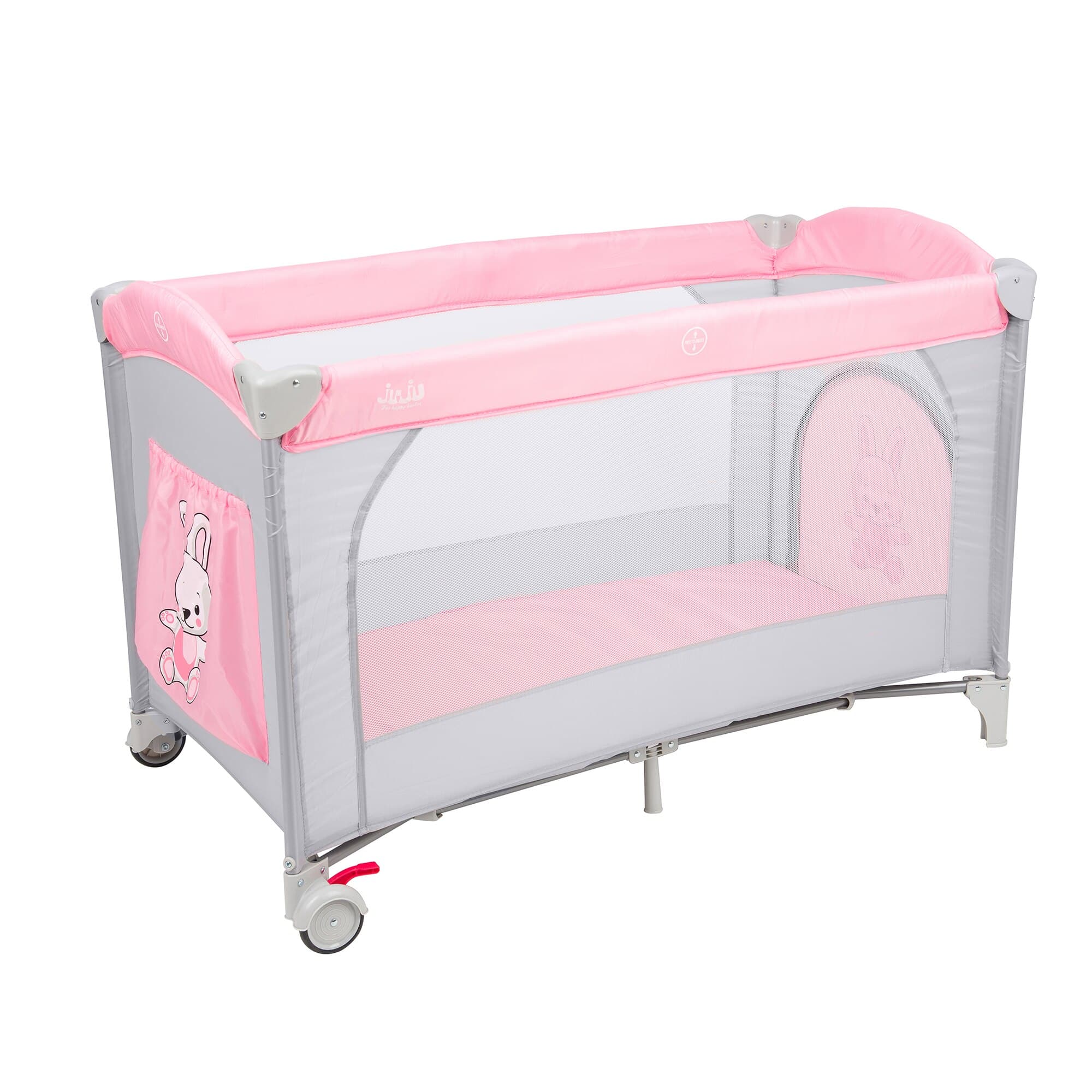 Patut pliant voiaj pentru bebelusi si copii Juju Sleepy Baby, 2 nivele, portabil, 125x65 cm, etaj intermediar nou-nascuti, bara cu jucarii, masa de infasat, salteluta, buzunar lateral, geanta transport, Hunny Bunny, Roz/Gri — imaginea 4