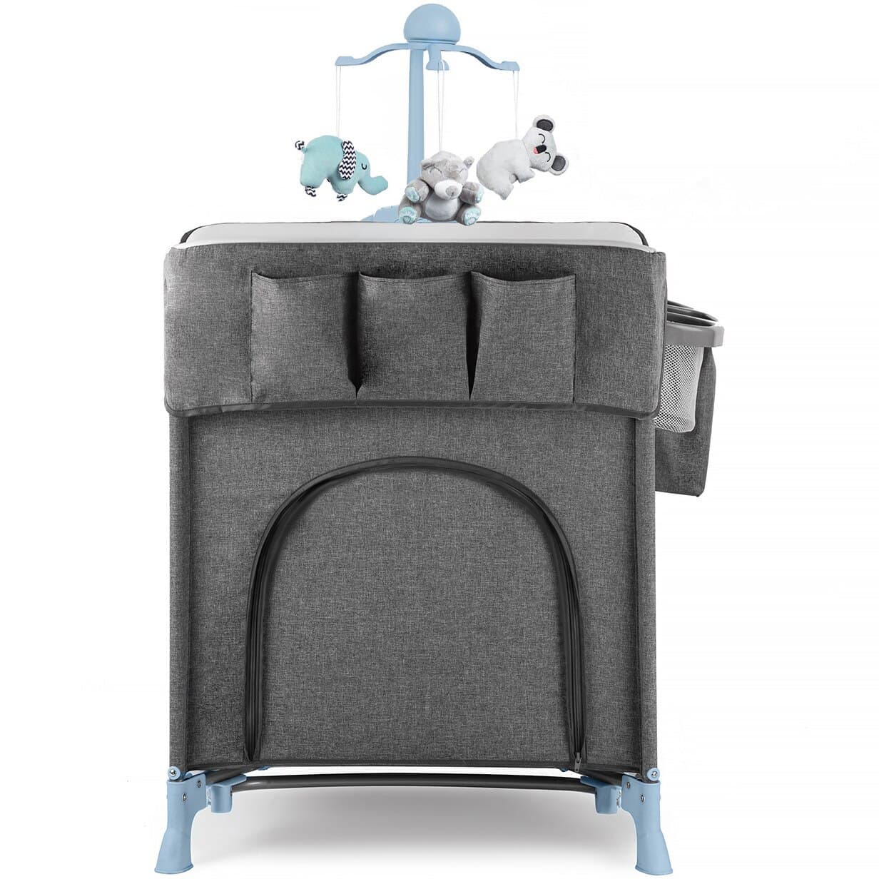 Patut pliant Kinderkraft Joy, 2 nivele si accesorii, Gri/Albastru — imaginea 5