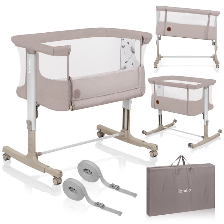 Patut co-sleeper, Lionelo, Aurora, 3 in 1, Cu leganare si setare unghiulara, Include saltea cu densitate T25 si geanta transport, Reglabil in 5 pozitii, Pana la 9 kg, 0 luni+, 85x60x66 cm, Certificari EN 1130:2019+AC:2020, EN 16890:2, Bej