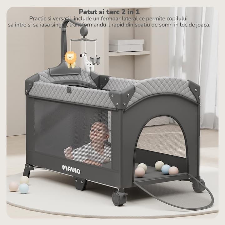 Patut Bebelusi Mavio®, Model NovaLux, Pliabil pentru Copii 0-36 luni, Portabil, 122x66 cm, 2 Etaje, Masa Infasat, Carusel Jucarii, Fermoar Laterial, Plasa Elastica, Geanta Transport Calatorie, Roti cu Sistem Blocare, Greutate Maxima 15 kg, Saltea Inclusa — imaginea 2