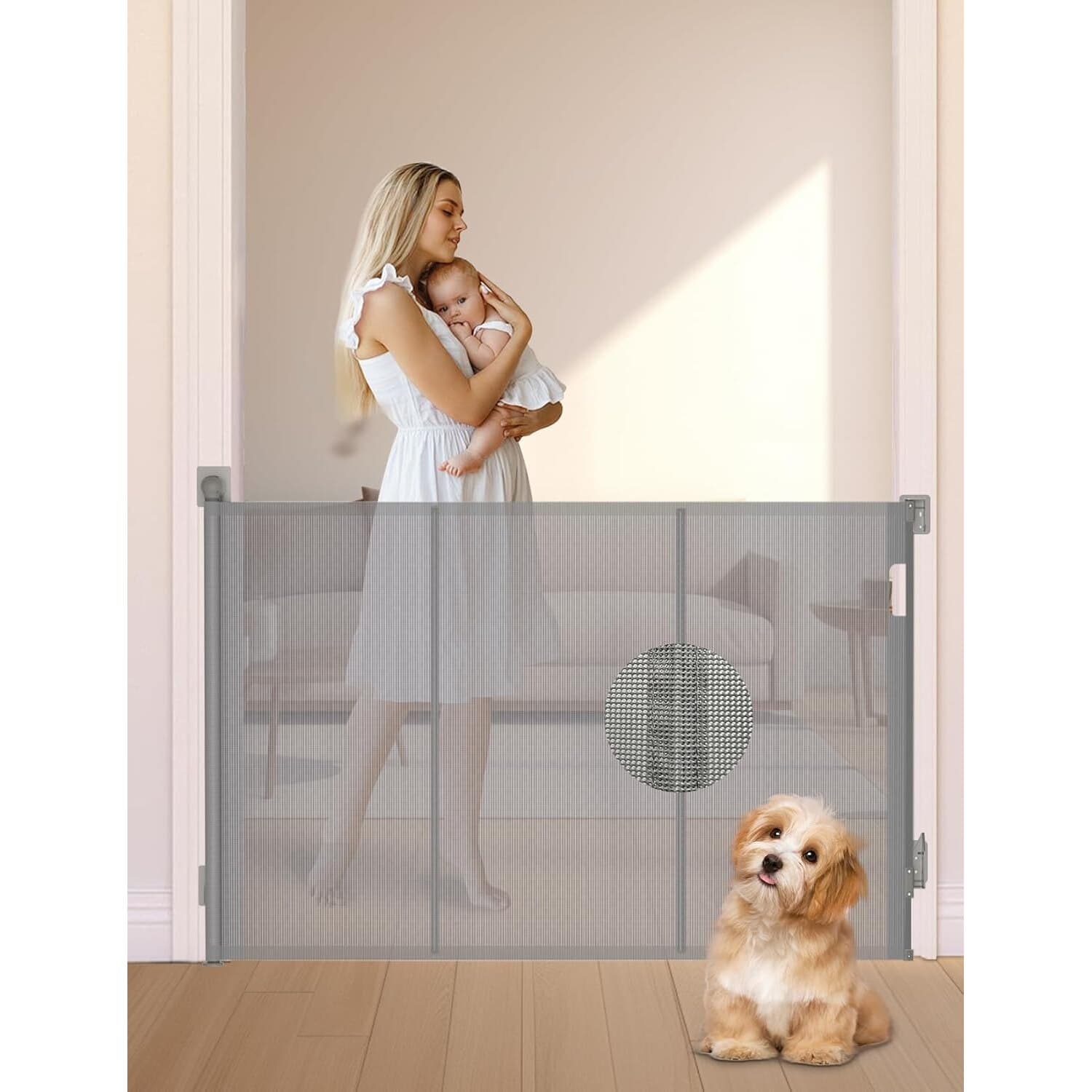 Poarta de Siguranta Retractabila si Extensibila 140 Cm FlexiBlock® Design RANFORSAT, Mecanism Dublu Blocare, Material Plasa Anti-Shock, Protectie Copii/Animale de Companie, Universal, Usi/Scari/Holuri, Interior/Exterior, Instalare Usoara, Grey — imaginea 3