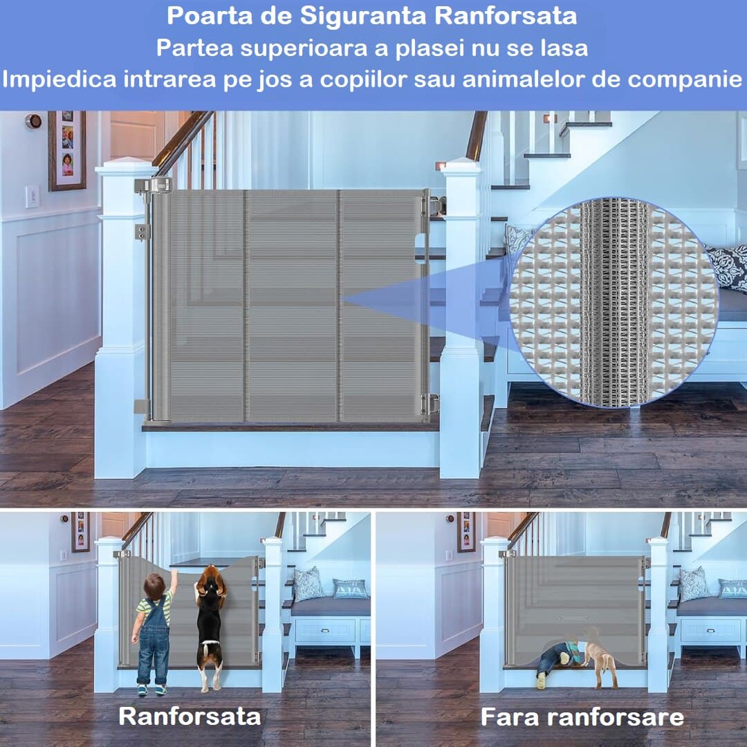 Poarta de Siguranta Retractabila si Extensibila 140 Cm FlexiBlock® Design RANFORSAT, Mecanism Dublu Blocare, Material Plasa Anti-Shock, Protectie Copii/Animale de Companie, Universal, Usi/Scari/Holuri, Interior/Exterior, Instalare Usoara, Grey — imaginea 4