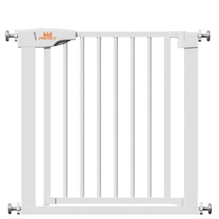 Poarta de Siguranta Copii KidProtect® Baby Guard V1, Double Lock, Auto Inchidere, Rezistenta, Metalica, Instalare Fara Gauri, 76-81 cm, Posibilitate Extensie, Alb