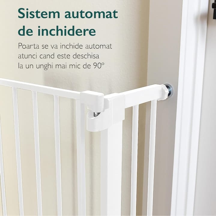 Poarta de Siguranta Copii KidProtect® Baby Guard V1, Double Lock, Auto Inchidere, Rezistenta, Metalica, Instalare Fara Gauri, 76-81 cm, Posibilitate Extensie, Alb — imaginea 2