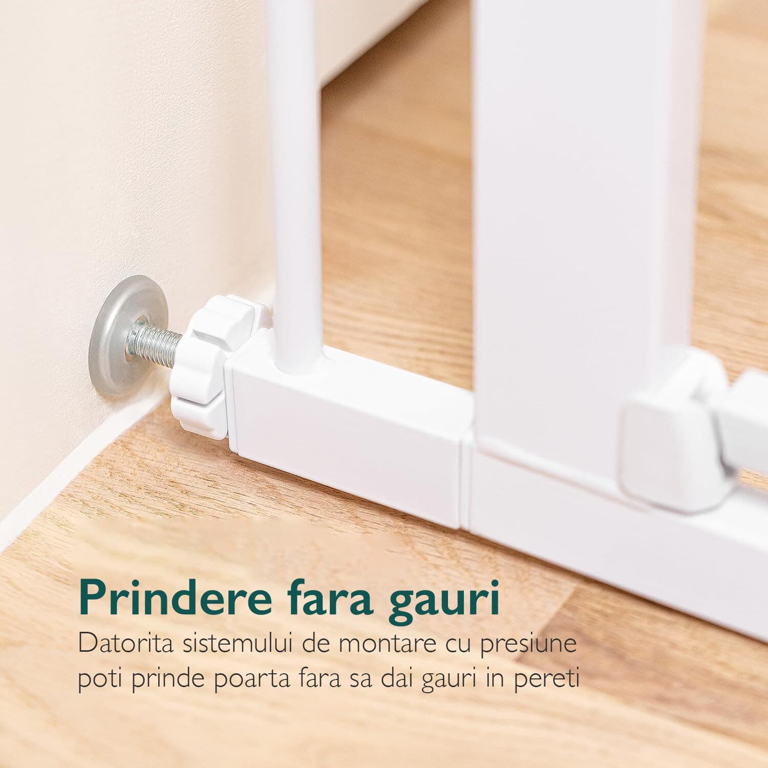 Poarta de Siguranta Copii KidProtect® Baby Guard V1, Double Lock, Auto Inchidere, Rezistenta, Metalica, Instalare Fara Gauri, 76-81 cm, Posibilitate Extensie, Alb — imaginea 3