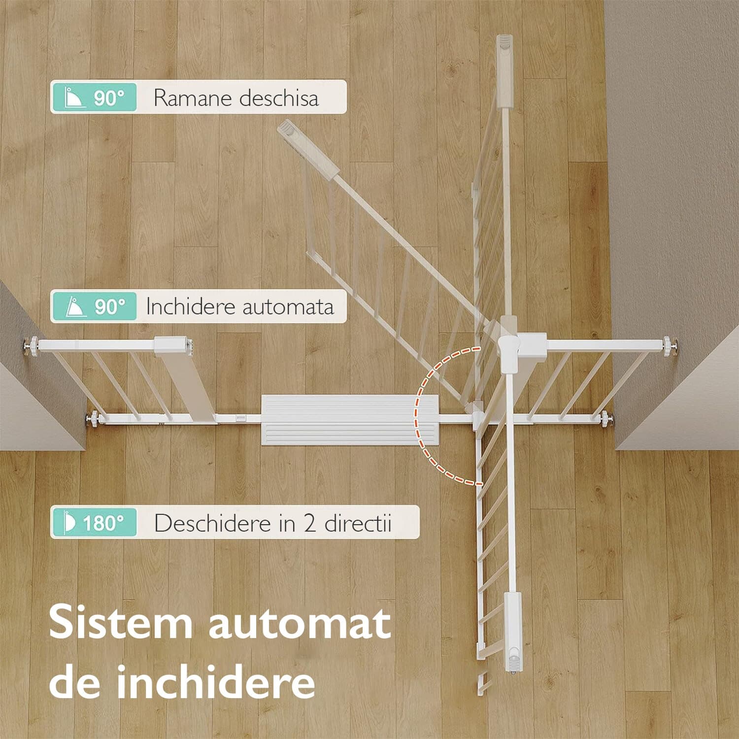 Poarta de Siguranta Copii KidProtect® Baby Guard V1, Double Lock, Auto Inchidere, Rezistenta, Metalica, Instalare Fara Gauri, 76-81 cm, Posibilitate Extensie, Alb — imaginea 5