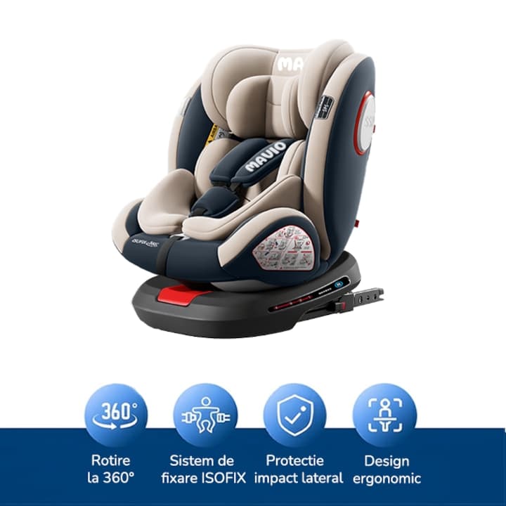 Scaun Auto Bebelusi Mavio®, Model Asento, 40-150 cm, Rotatie 360 de grade, ISOFIX, Copii intre 0 - 12 ani, Omologat i-Size R129, Protectie Impact Lateral, Centura de Siguranta 5 Puncte, Tetiera Reglabila, Pozitie de Somn, Husa Detasabila, Bej Gri — imaginea 2
