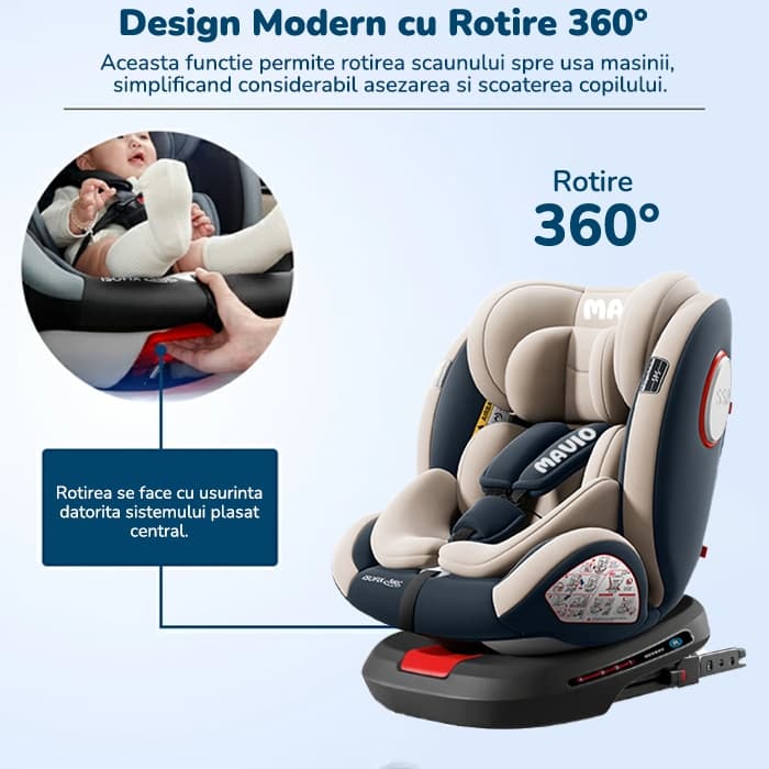 Scaun Auto Bebelusi Mavio®, Model Asento, 40-150 cm, Rotatie 360 de grade, ISOFIX, Copii intre 0 - 12 ani, Omologat i-Size R129, Protectie Impact Lateral, Centura de Siguranta 5 Puncte, Tetiera Reglabila, Pozitie de Somn, Husa Detasabila, Bej Gri — imaginea 3