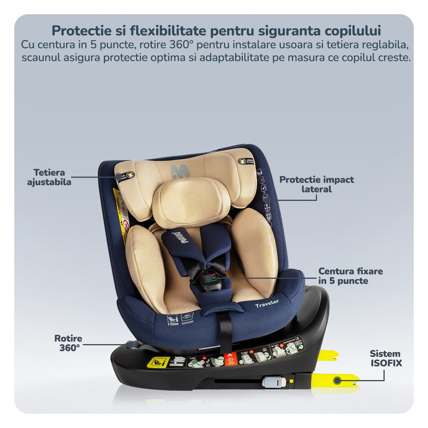 Scaun Auto Bebelusi Mavio®, Model Traveler, 40-150 cm, Rotatie 360 de grade, ISOFIX, Copii intre 0 - 12 ani, Omologat i-Size R129, Protectie Impact Lateral, Centura de Siguranta 5 Puncte, Tetiera Reglabila, Pozitie de Somn, Husa Detasabila, Albastru/ Crem — imaginea 3