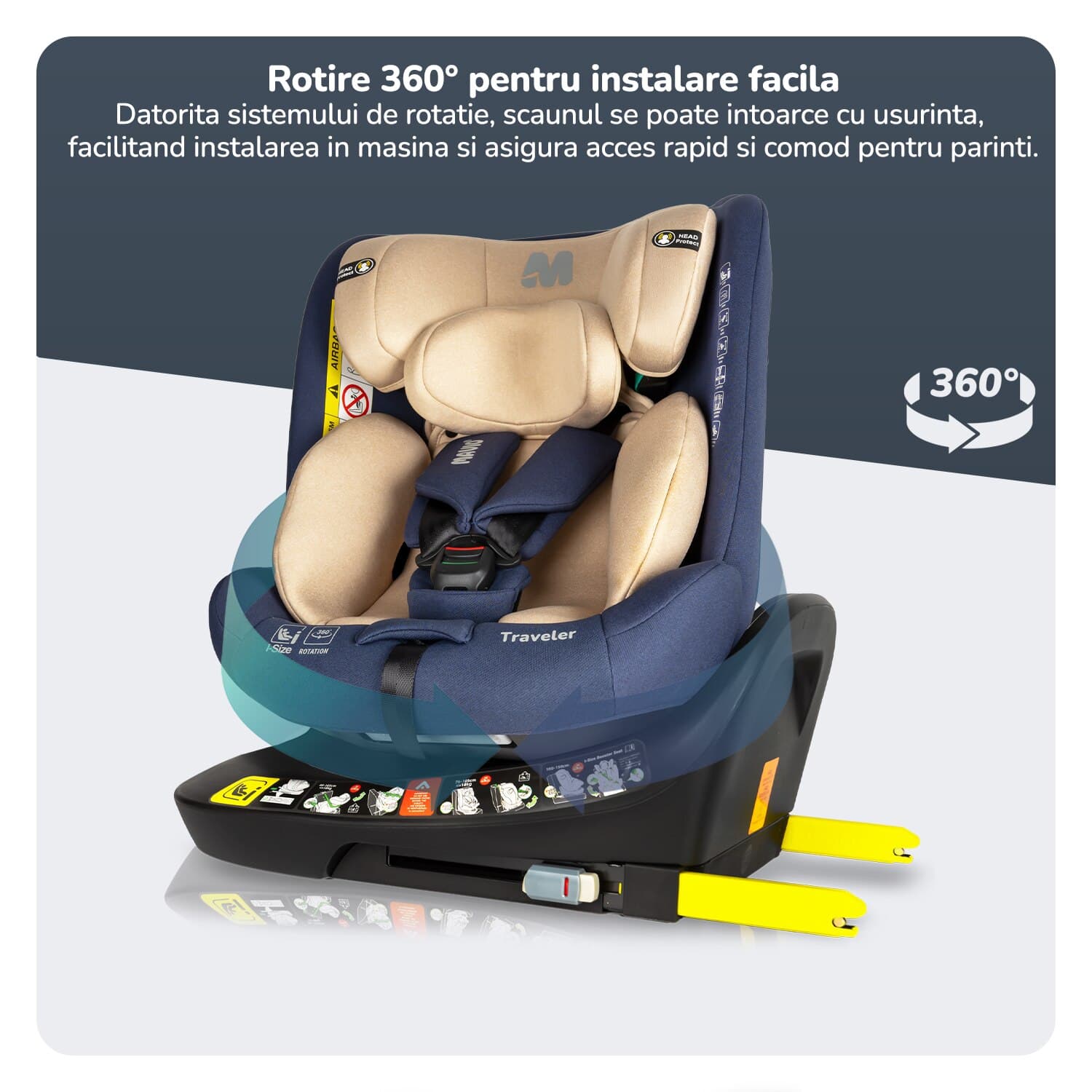 Scaun Auto Bebelusi Mavio®, Model Traveler, 40-150 cm, Rotatie 360 de grade, ISOFIX, Copii intre 0 - 12 ani, Omologat i-Size R129, Protectie Impact Lateral, Centura de Siguranta 5 Puncte, Tetiera Reglabila, Pozitie de Somn, Husa Detasabila, Albastru/ Crem — imaginea 4