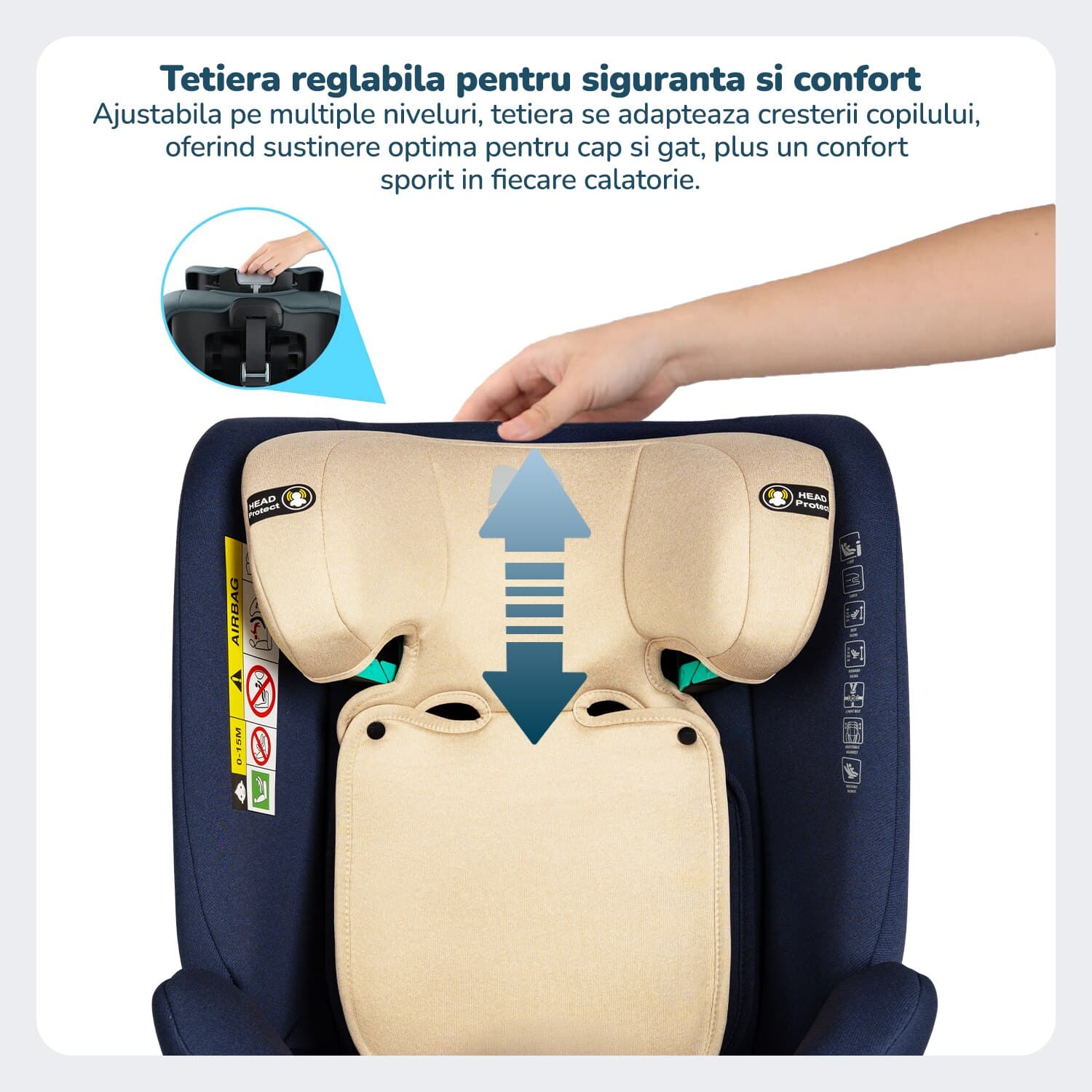 Scaun Auto Bebelusi Mavio®, Model Traveler, 40-150 cm, Rotatie 360 de grade, ISOFIX, Copii intre 0 - 12 ani, Omologat i-Size R129, Protectie Impact Lateral, Centura de Siguranta 5 Puncte, Tetiera Reglabila, Pozitie de Somn, Husa Detasabila, Albastru/ Crem — imaginea 5