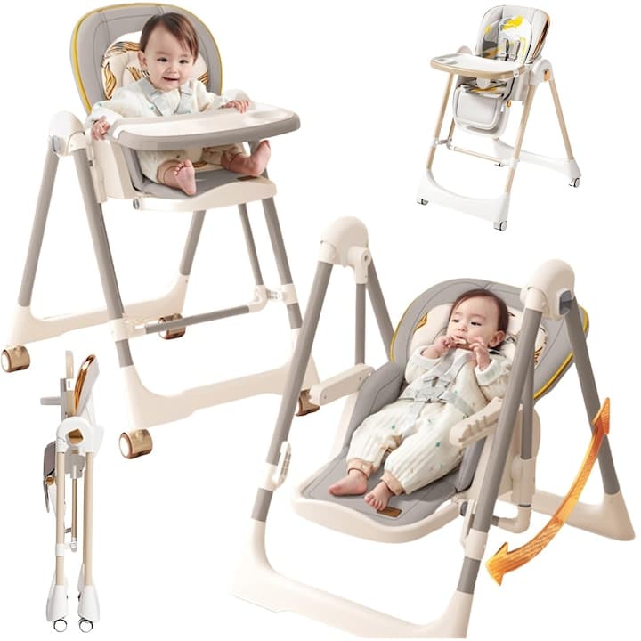 Scaun Multifunctional 3in1 BabyBoo® Masa, Activitati si Balansoar, Pliabil One-Click, 6 Trepte Inaltime, Spatar cu 5 Pozitii, Tavita Dubla Detasabila, Centura 5 Puncte, Husa Moale Lavabila, Roti Silentioase si Antiderapante, Abstract White