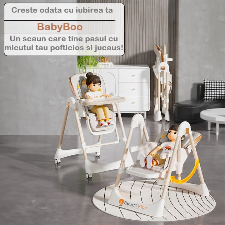 Scaun Multifunctional 3in1 BabyBoo® Masa, Activitati si Balansoar, Pliabil One-Click, 6 Trepte Inaltime, Spatar cu 5 Pozitii, Tavita Dubla Detasabila, Centura 5 Puncte, Husa Moale Lavabila, Roti Silentioase si Antiderapante, Abstract White — imaginea 2