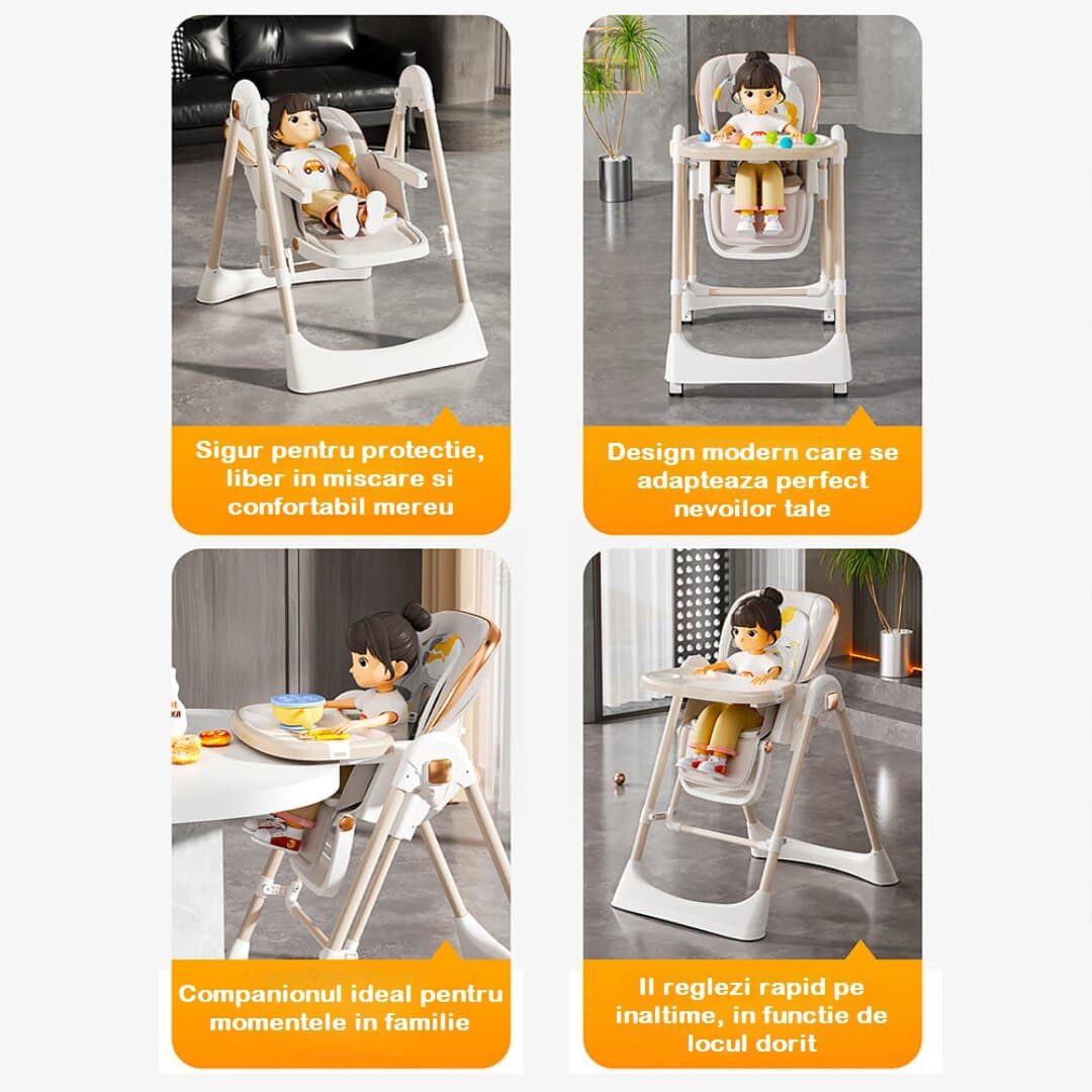 Scaun Multifunctional 3in1 BabyBoo® Masa, Activitati si Balansoar, Pliabil One-Click, 6 Trepte Inaltime, Spatar cu 5 Pozitii, Tavita Dubla Detasabila, Centura 5 Puncte, Husa Moale Lavabila, Roti Silentioase si Antiderapante, Abstract White — imaginea 3