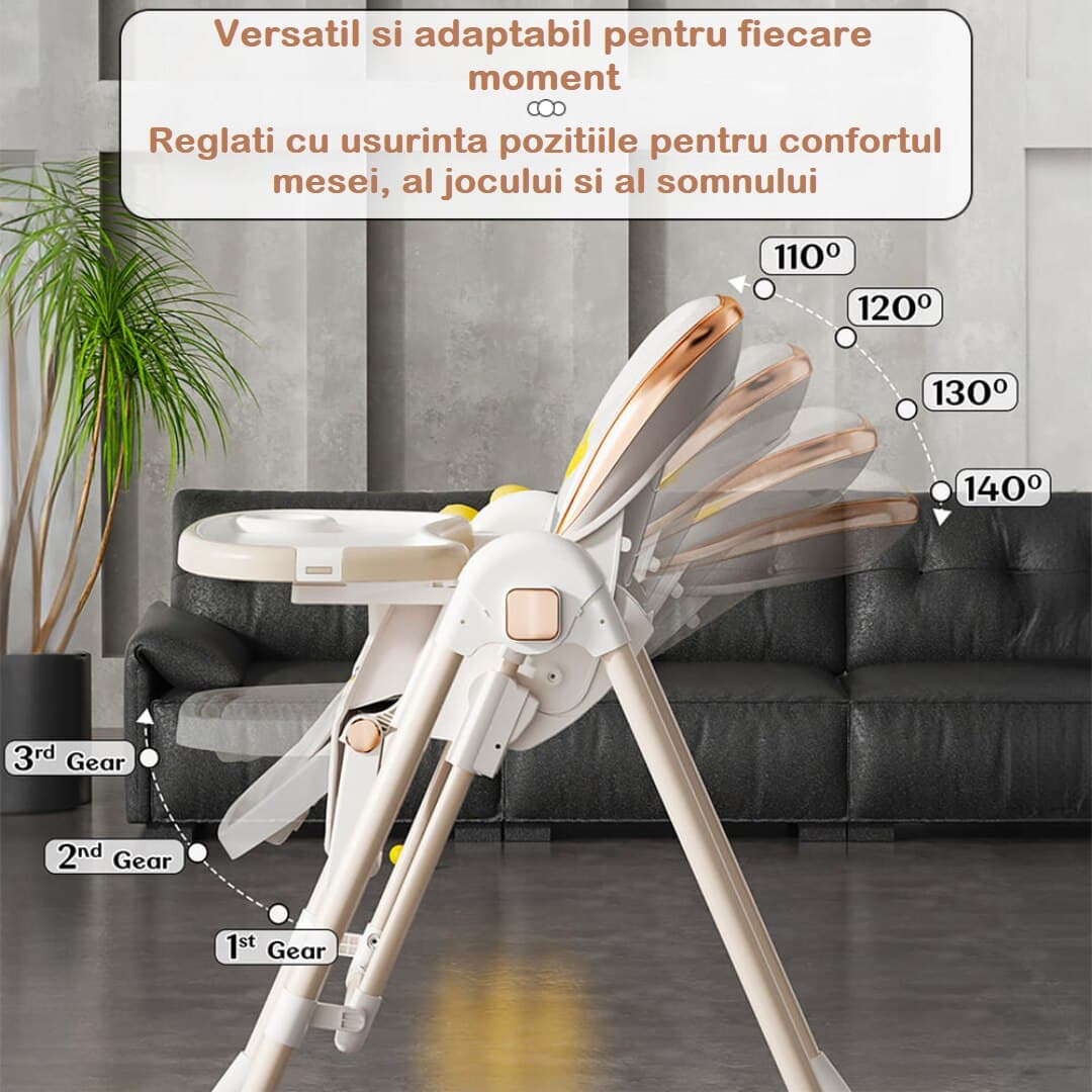 Scaun Multifunctional 3in1 BabyBoo® Masa, Activitati si Balansoar, Pliabil One-Click, 6 Trepte Inaltime, Spatar cu 5 Pozitii, Tavita Dubla Detasabila, Centura 5 Puncte, Husa Moale Lavabila, Roti Silentioase si Antiderapante, Abstract White — imaginea 4
