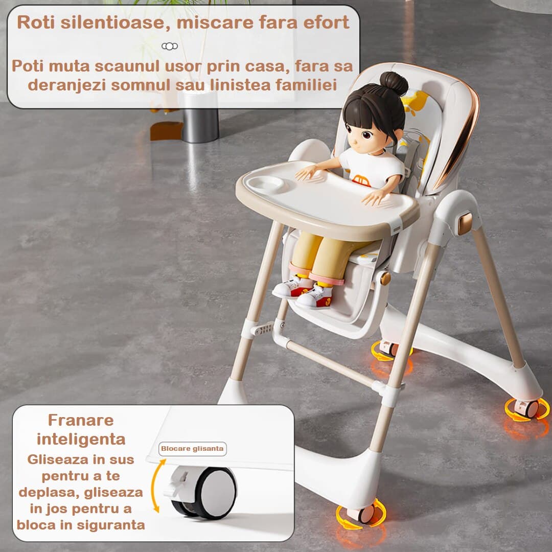Scaun Multifunctional 3in1 BabyBoo® Masa, Activitati si Balansoar, Pliabil One-Click, 6 Trepte Inaltime, Spatar cu 5 Pozitii, Tavita Dubla Detasabila, Centura 5 Puncte, Husa Moale Lavabila, Roti Silentioase si Antiderapante, Abstract White — imaginea 5