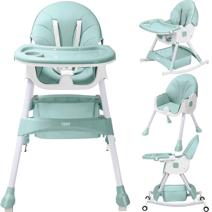 Scaun de masa bebe 4 in 1 FiGGA®, Varsta 6-72 luni, Pliabil, Inalt, cu 4 roti, Balansoar, 2 x Tava detasabila, Centura siguranta in cinci puncte, Verde Moss