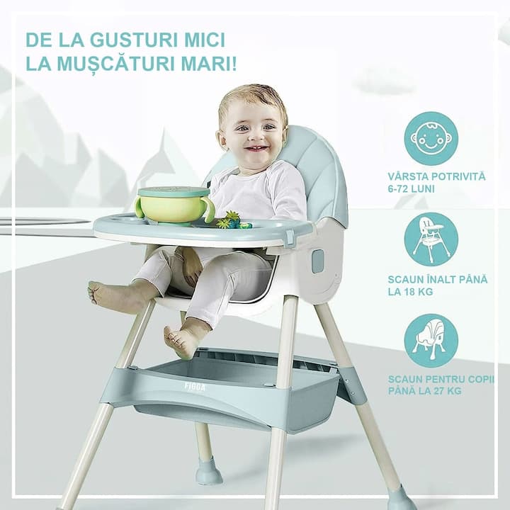 Scaun de masa bebe 4 in 1 FiGGA®, Varsta 6-72 luni, Pliabil, Inalt, cu 4 roti, Balansoar, 2 x Tava detasabila, Centura siguranta in cinci puncte, Verde Moss — imaginea 2