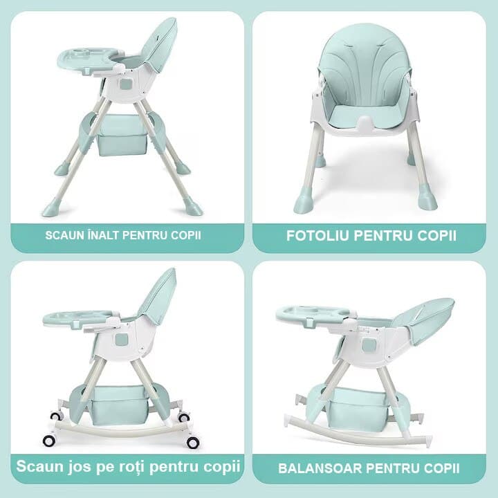 Scaun de masa bebe 4 in 1 FiGGA®, Varsta 6-72 luni, Pliabil, Inalt, cu 4 roti, Balansoar, 2 x Tava detasabila, Centura siguranta in cinci puncte, Verde Moss — imaginea 3