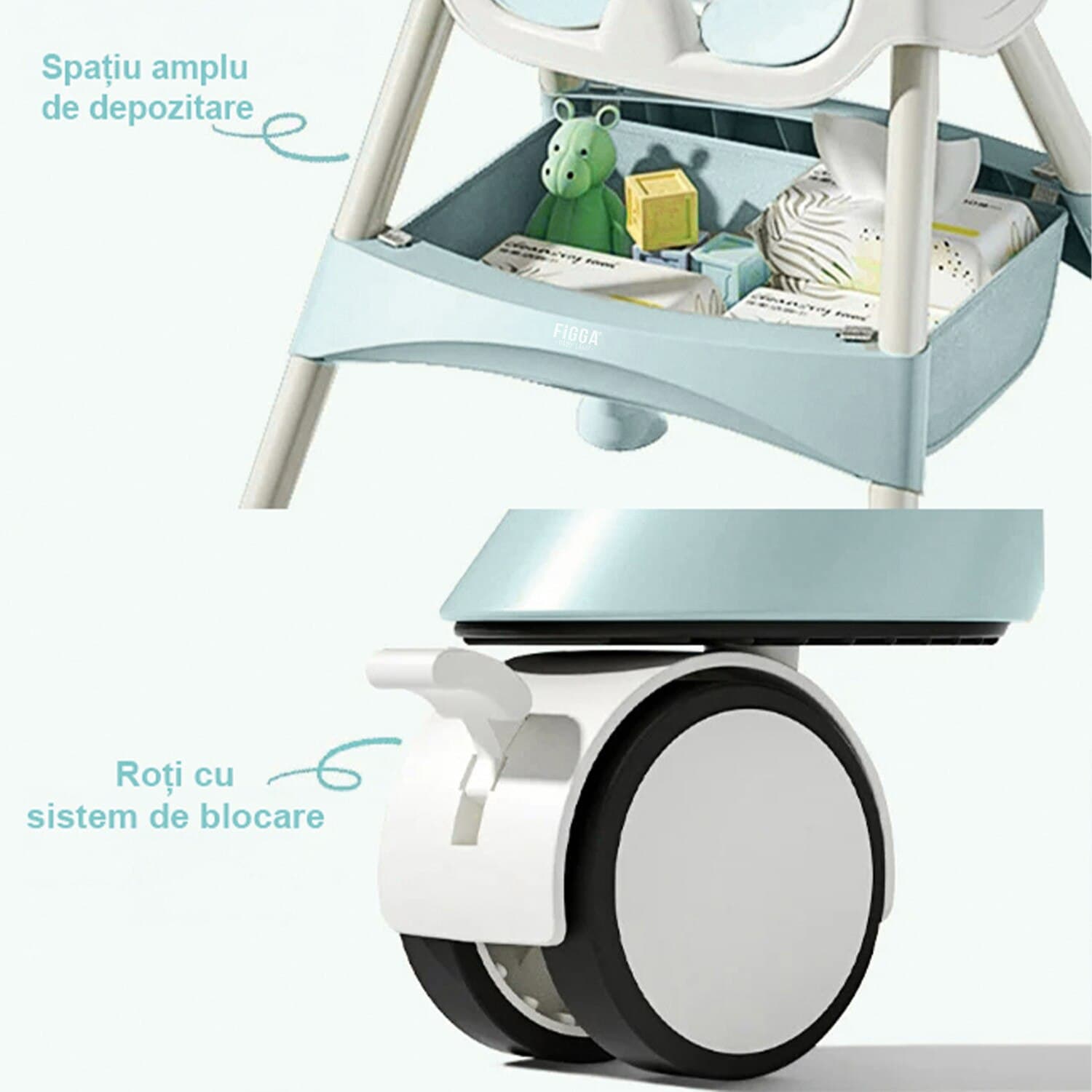 Scaun de masa bebe 4 in 1 FiGGA®, Varsta 6-72 luni, Pliabil, Inalt, cu 4 roti, Balansoar, 2 x Tava detasabila, Centura siguranta in cinci puncte, Verde Moss — imaginea 5