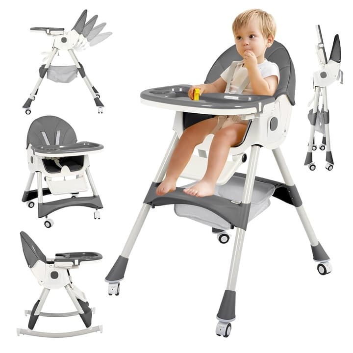Scaun de Masa Pliabil 4 in 1 KinderVibe™ 6 Luni +, Multifunctional si Stabil, Tavita si Husa Detasabile si Lavabile, Roti, Centura de Siguranta 5 Puncte, Ajustabil pe Inaltime, Balansoar, Cos de Depozitare, Dove Grey