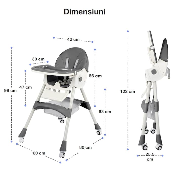 Scaun de Masa Pliabil 4 in 1 KinderVibe™ 6 Luni +, Multifunctional si Stabil, Tavita si Husa Detasabile si Lavabile, Roti, Centura de Siguranta 5 Puncte, Ajustabil pe Inaltime, Balansoar, Cos de Depozitare, Dove Grey — imaginea 2