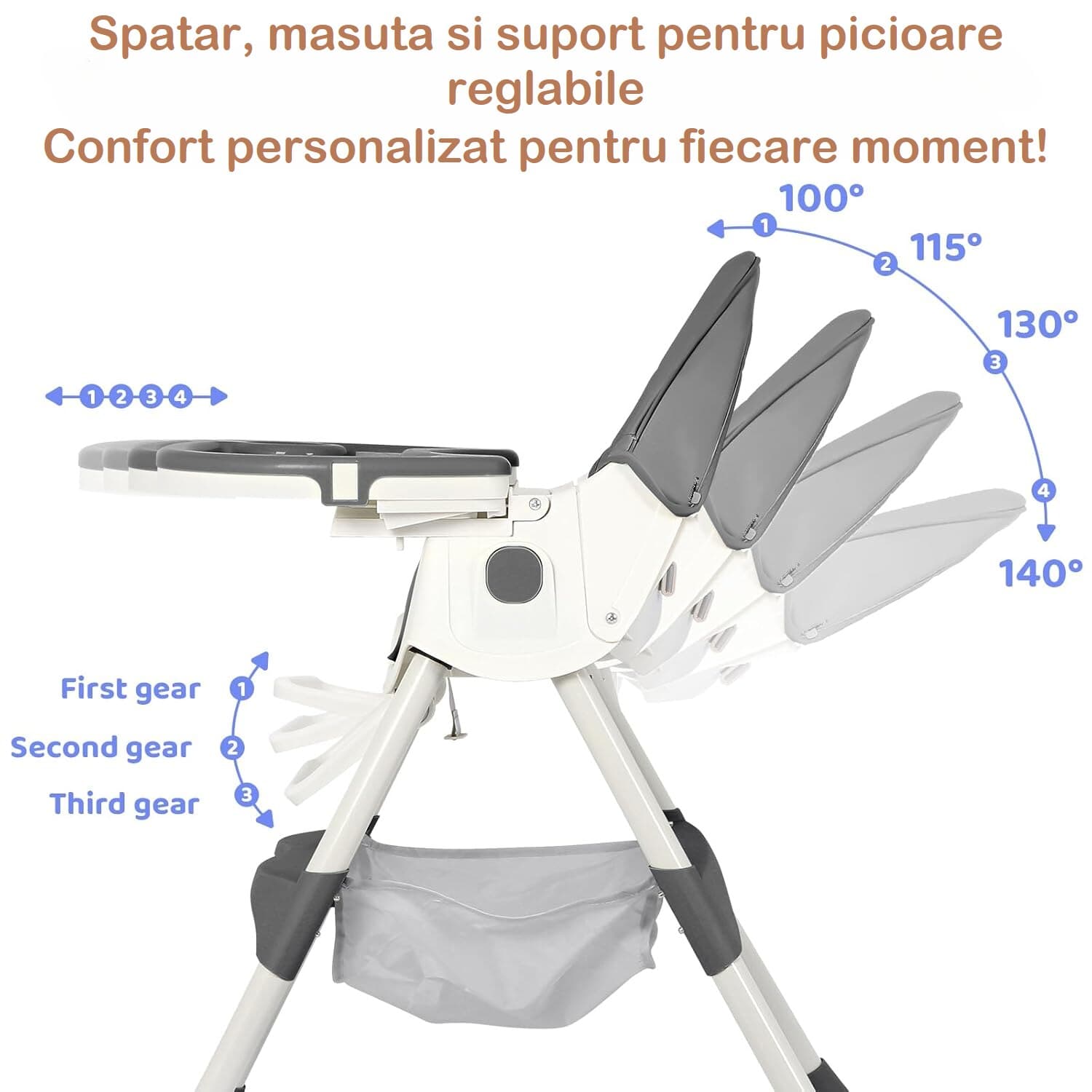 Scaun de Masa Pliabil 4 in 1 KinderVibe™ 6 Luni +, Multifunctional si Stabil, Tavita si Husa Detasabile si Lavabile, Roti, Centura de Siguranta 5 Puncte, Ajustabil pe Inaltime, Balansoar, Cos de Depozitare, Dove Grey — imaginea 3