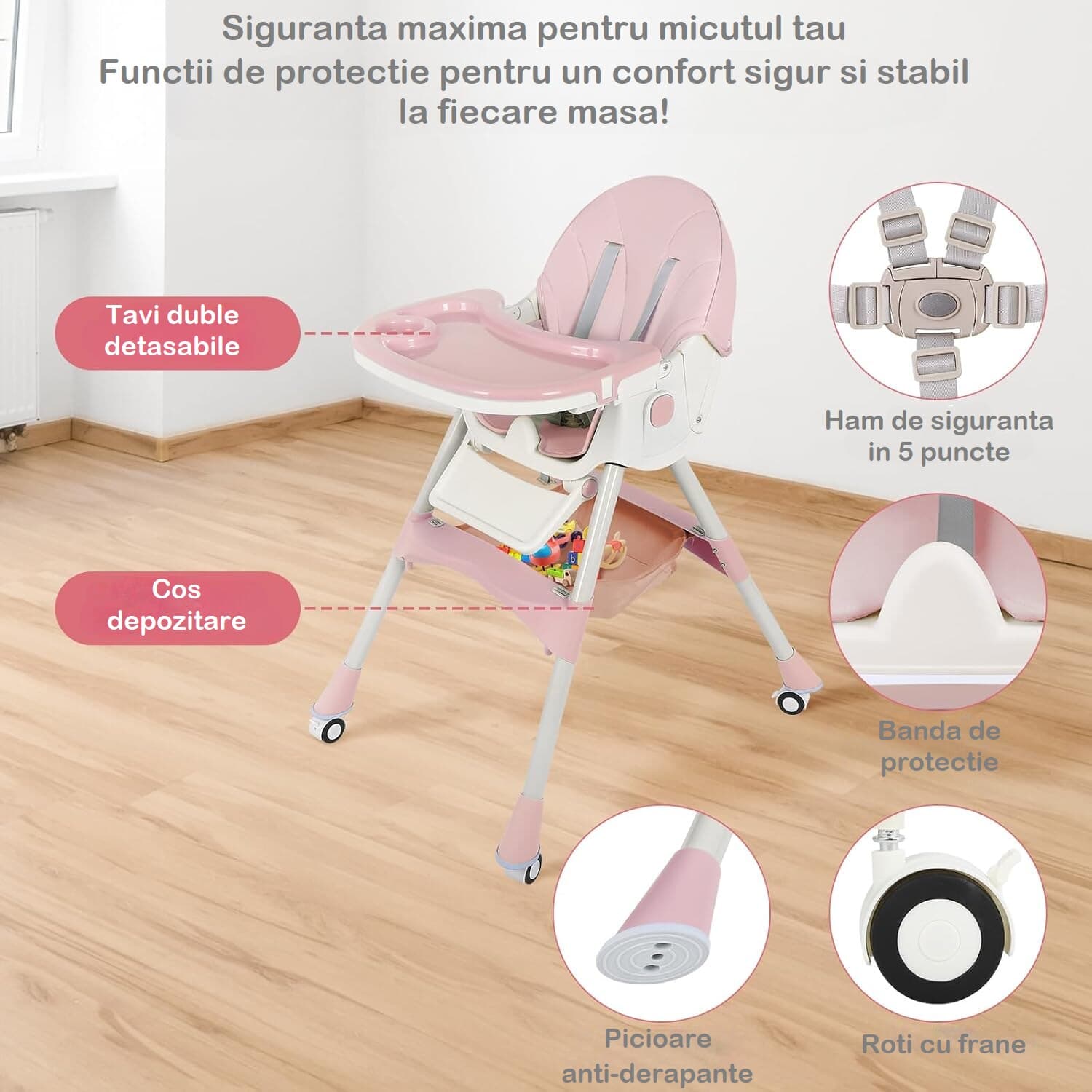 Scaun de Masa Pliabil 4 in 1 KinderVibe™ 6 Luni +, Multifunctional si Stabil, Tavita si Husa Detasabile si Lavabile, Roti, Centura de Siguranta 5 Puncte, Ajustabil pe Inaltime, Balansoar, Cos de Depozitare, Dove Grey — imaginea 4