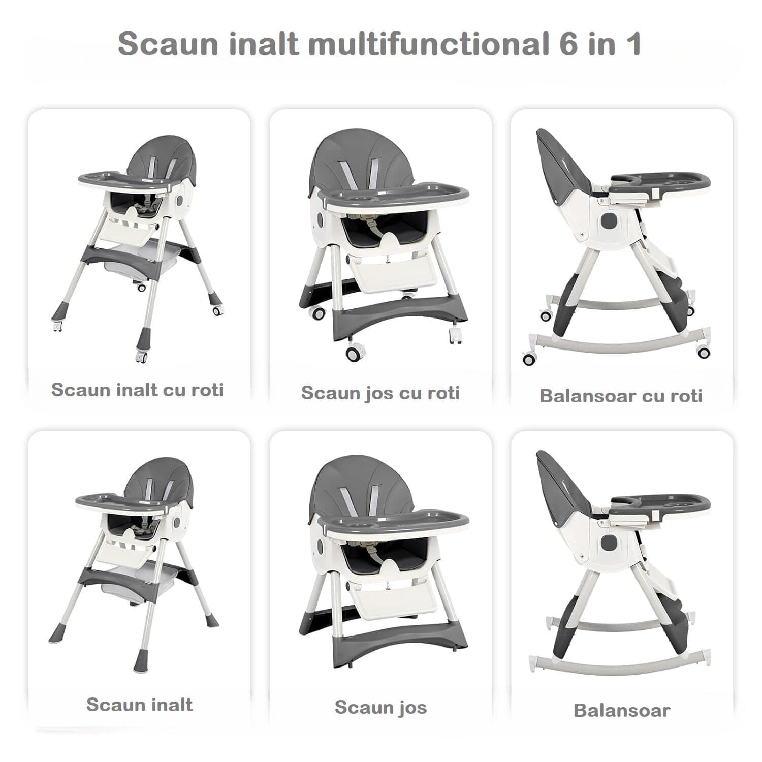 Scaun de Masa Pliabil 4 in 1 KinderVibe™ 6 Luni +, Multifunctional si Stabil, Tavita si Husa Detasabile si Lavabile, Roti, Centura de Siguranta 5 Puncte, Ajustabil pe Inaltime, Balansoar, Cos de Depozitare, Dove Grey — imaginea 5