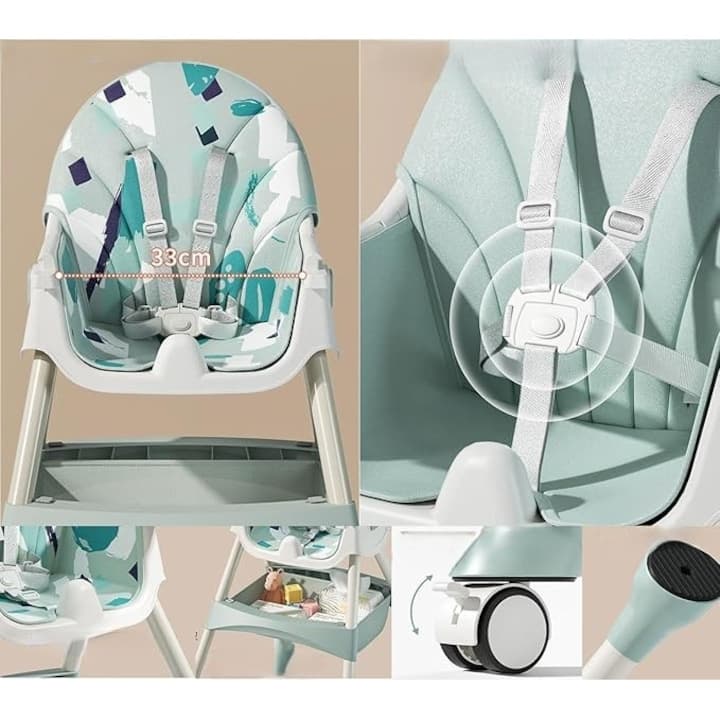 Scaun de Masa Pliabil cu Spatar reglabil KinderVIBE®, 6 Luni +, Multifunctional si Stabil, Tavita si Husa Detasabile si Lavabile, Roti, Centura de Siguranta 5 Puncte, Ajustabil pe Inaltime, Balansoar, Cos de Depozitare, Verde Mandala — imaginea 2
