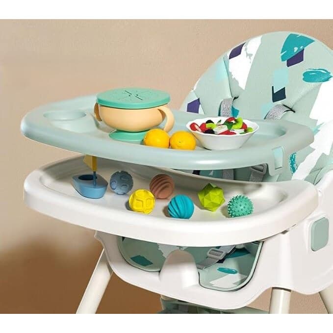 Scaun de Masa Pliabil cu Spatar reglabil KinderVIBE®, 6 Luni +, Multifunctional si Stabil, Tavita si Husa Detasabile si Lavabile, Roti, Centura de Siguranta 5 Puncte, Ajustabil pe Inaltime, Balansoar, Cos de Depozitare, Verde Mandala — imaginea 4