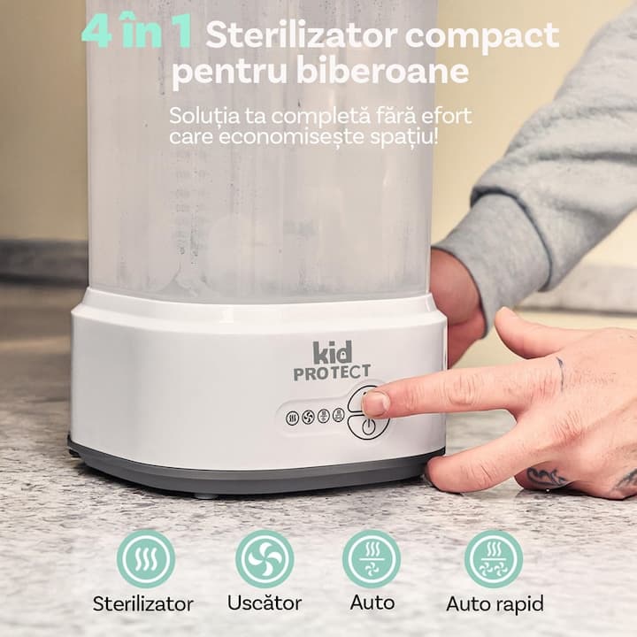 Sterilizator Biberoane Multifunctional 4 in 1 KidProtect® VapoDry Elite, 600W, Functie Uscare, Filtru Particule, Functie Fast Auto, Cuva Inox, Sterilizare in 8 Min, Alb — imaginea 2
