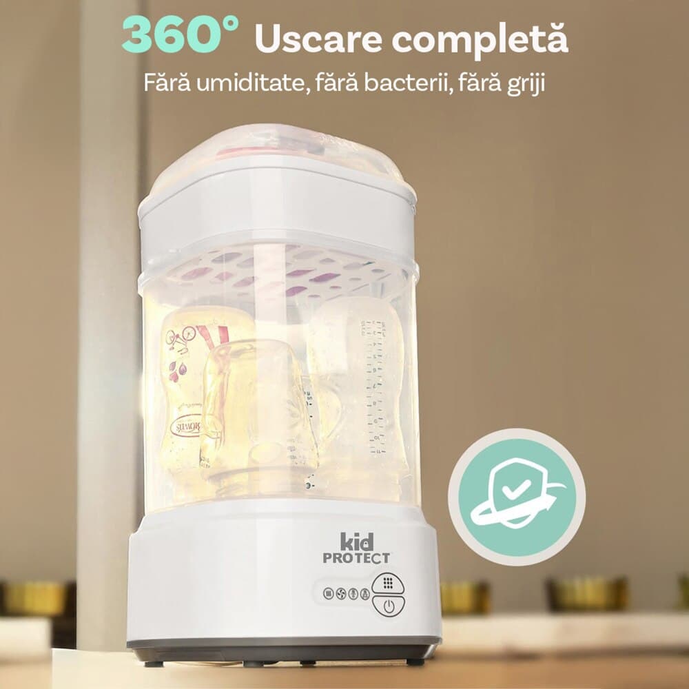 Sterilizator Biberoane Multifunctional 4 in 1 KidProtect® VapoDry Elite, 600W, Functie Uscare, Filtru Particule, Functie Fast Auto, Cuva Inox, Sterilizare in 8 Min, Alb — imaginea 3