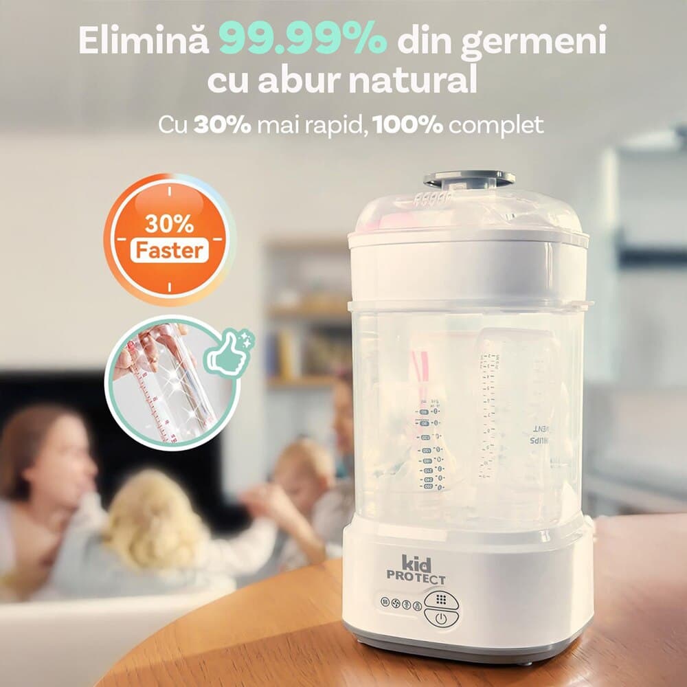 Sterilizator Biberoane Multifunctional 4 in 1 KidProtect® VapoDry Elite, 600W, Functie Uscare, Filtru Particule, Functie Fast Auto, Cuva Inox, Sterilizare in 8 Min, Alb — imaginea 4