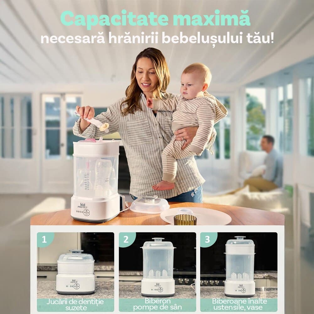 Sterilizator Biberoane Multifunctional 4 in 1 KidProtect® VapoDry Elite, 600W, Functie Uscare, Filtru Particule, Functie Fast Auto, Cuva Inox, Sterilizare in 8 Min, Alb — imaginea 5