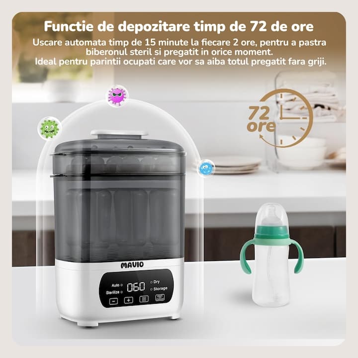 Sterilizator Electric si Uscator Mavio®, Model Elite, Capacitate 6 - 10 Biberoane, Functii: Sterilizare, Uscare Rapida, Depozitare, Auto, 600W, Control Tactil, Ceas Digital — imaginea 2