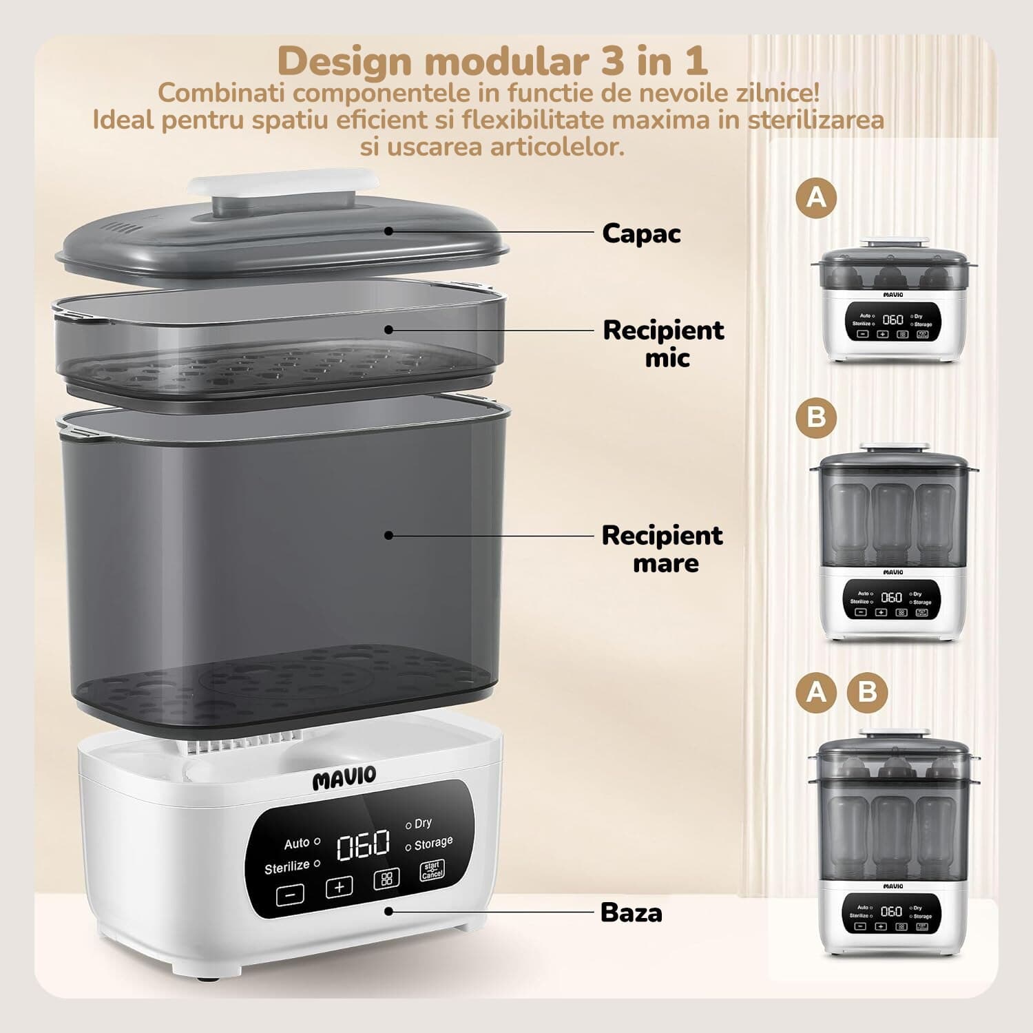 Sterilizator Electric si Uscator Mavio®, Model Elite, Capacitate 6 - 10 Biberoane, Functii: Sterilizare, Uscare Rapida, Depozitare, Auto, 600W, Control Tactil, Ceas Digital — imaginea 5