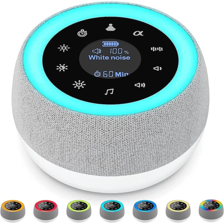 Dispozitiv Sunete Albe Elindor® Aparat de Sunete White Noise pentru Bebelusi, Portabil, Reincarcabil, Acumulator 1800mAh, 32 Sunete HD, Potrivit si pentru Copii si Adulti, Timer, Boxa cu Lampa de Veghe cu Lumina 7 Culori, 3x Intensitate, Alb — imaginea 2